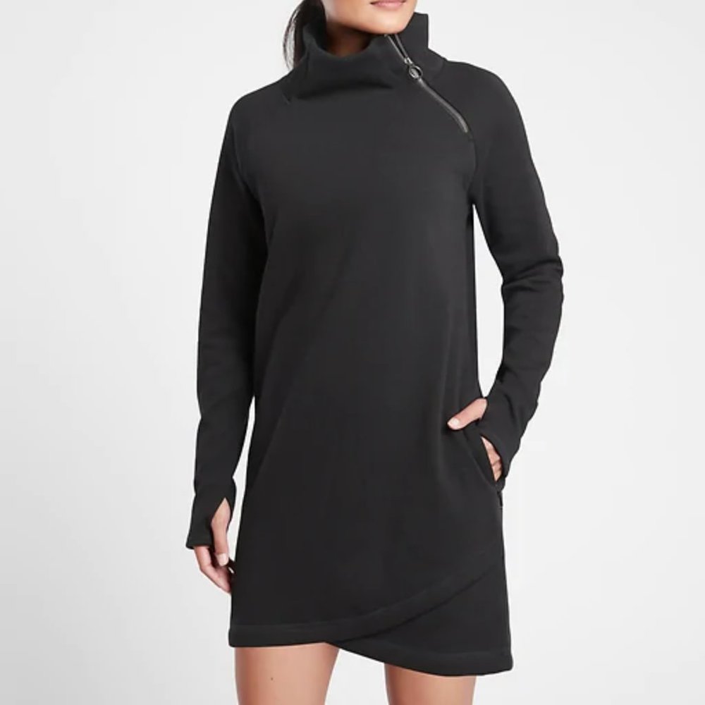 Athleta Cozy Karma Asym Black Sweatshirt Dress